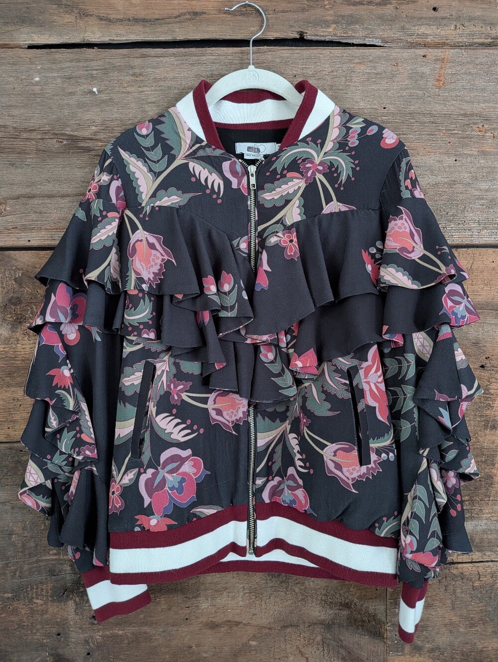 PatBo Womens Ruffled Floral Vasity/Bomber Jacket Artsy Feminine Blokecore